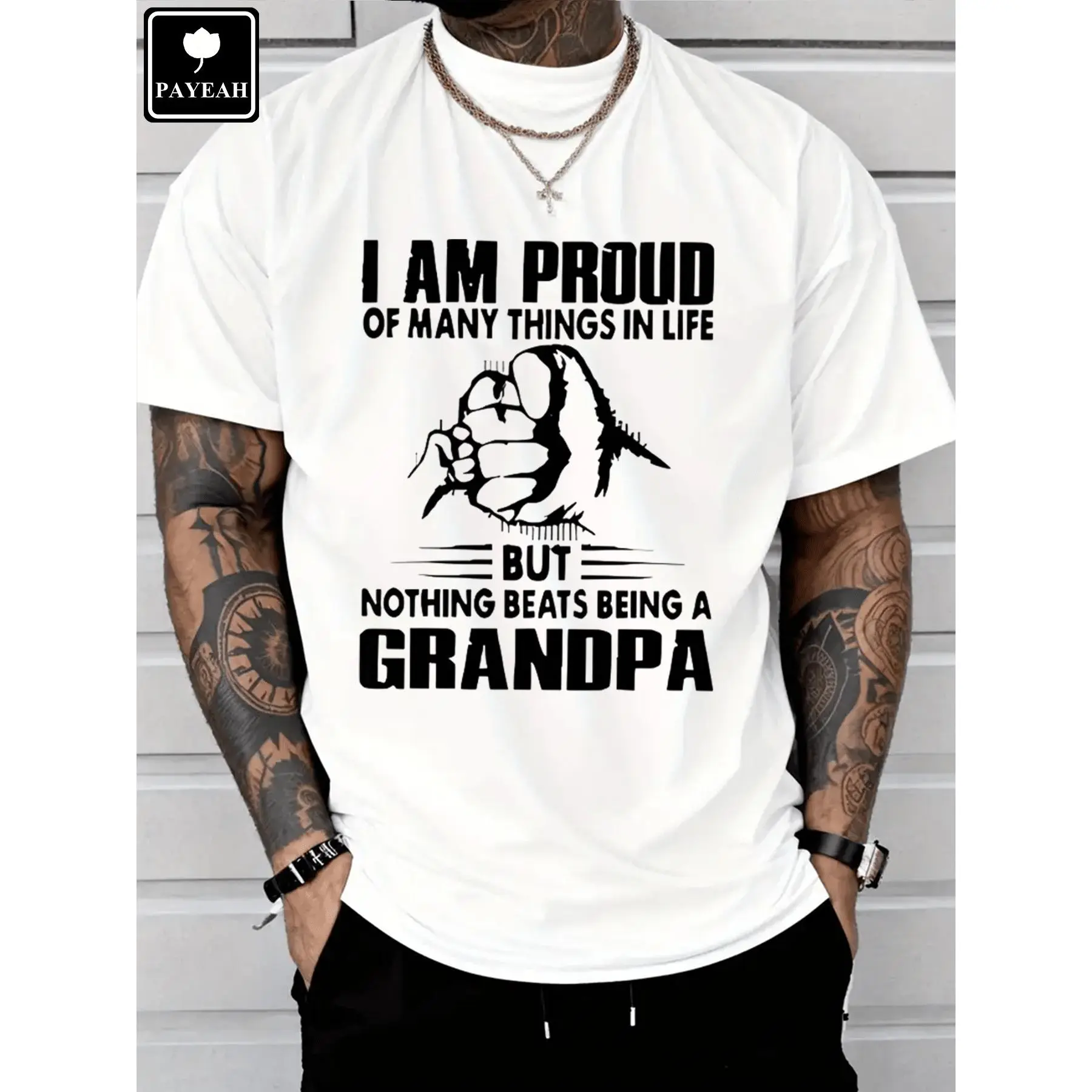 PAYEAH Men's Unisex Grandpa-Themed Monogrammed 100% Heavy Cotton Lightweight Short-Sleeve Round Neck Casual Tee Tops, Fashion Sports Streetwear, Relaxed Fit Breathable Menswear for Daily Wear