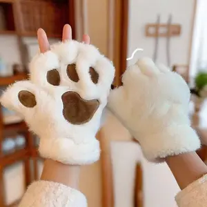 Cartoon Cat Claw Gloves for Women & Girls Thickened Plush Bear-Paw Style Half-Finger Winter Gloves with Exposed Fingers for Cozy & Stylish Winter Wear