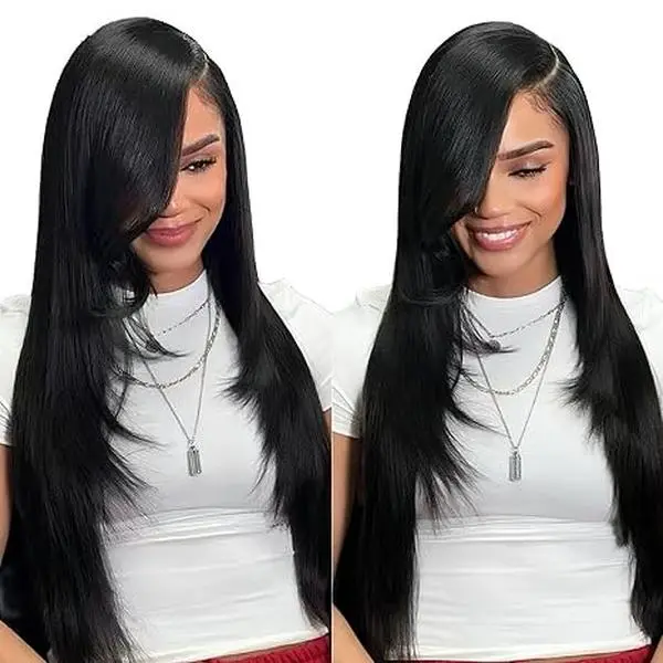 HD Lace Front Wig for Women, 24 Inch Long Layered Yaki Straight Synthetic Hair, Pre-Plucked with Baby Hair, 13x6 Heat Resistant Natural Black, Long Wig, Hd Lace Wigs