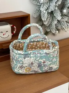 Navy Blue Strawberry Floral Quilted Basket Bag, Vintage Morris Print Padded Handbag, Aesthetic Quilted Storage Tote Bag, Cute Floral Bag for Women, Travel & Home Use