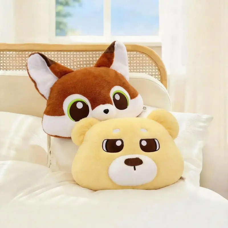 Creative cartoon animal plush throw pillow—ultra-soft Squirrel/Fox/Bear plush cushion; suitable for office and home use.