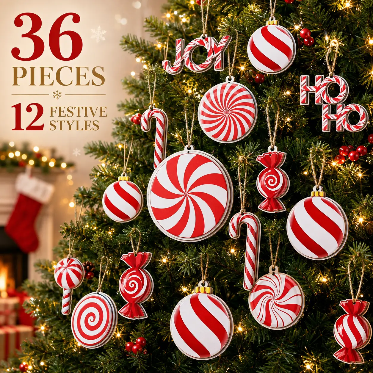 Christmas Candy Ornaments, 36 Pieces Wooden Peppermint Decorations, 12 Styles Hanging Tree Accents for Holiday Home, Party, Wreath, Fireplace and Mantel Decor