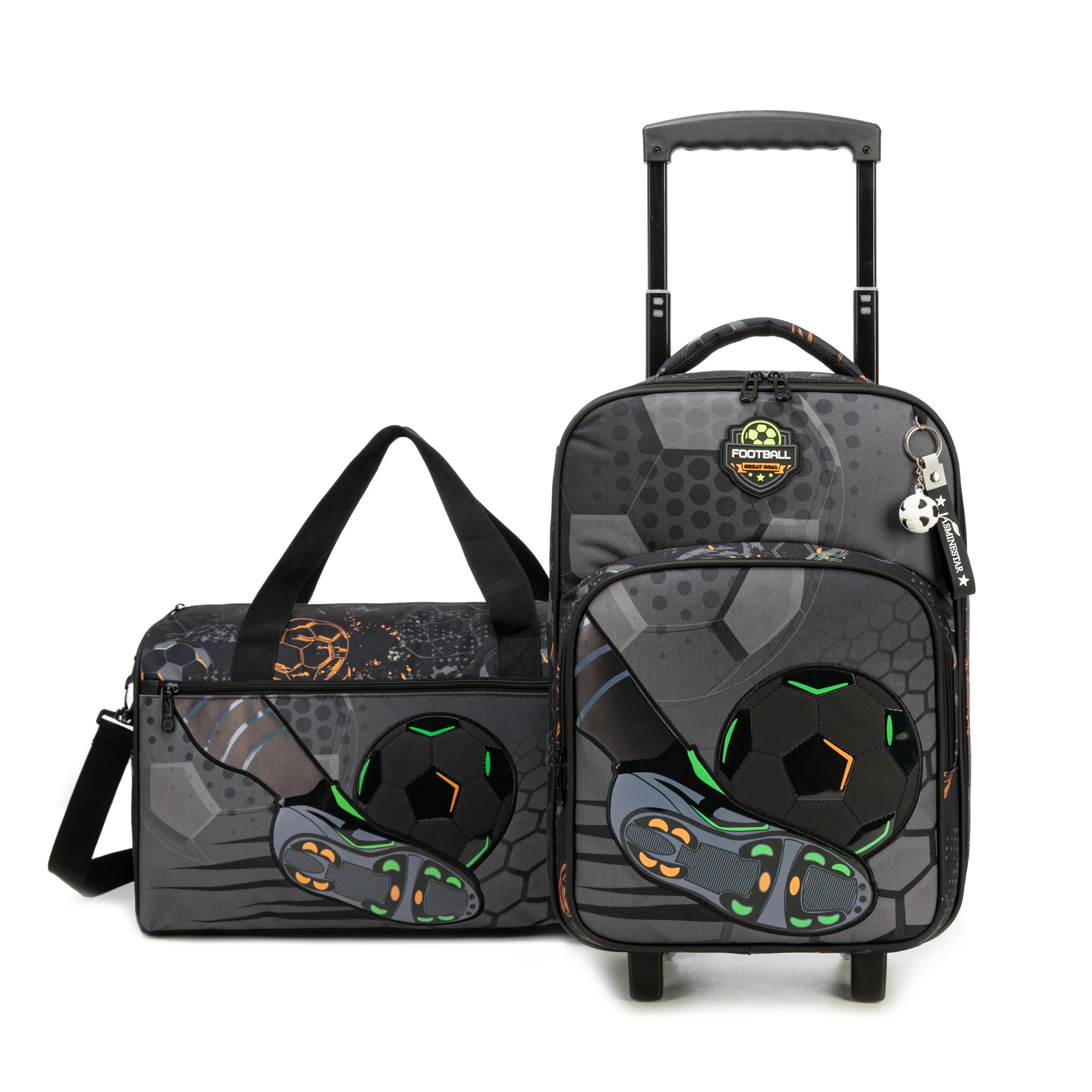 Boy's 3-Piece Luggage Set: Water-Resistant Rolling Carry-On, Duffel & Toiletry Bag with a Black Soccer & Cleats Graphic and Zip Pockets, Chic, Soccer Ball