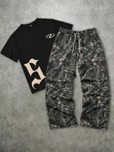 Men's Fashion Streetwear Vintage Camo 2-Piece Set, Letter Print Short Sleeve T-Shirt & Leaf Camo Wide Leg Pants, Outdoor Adventure/street Style