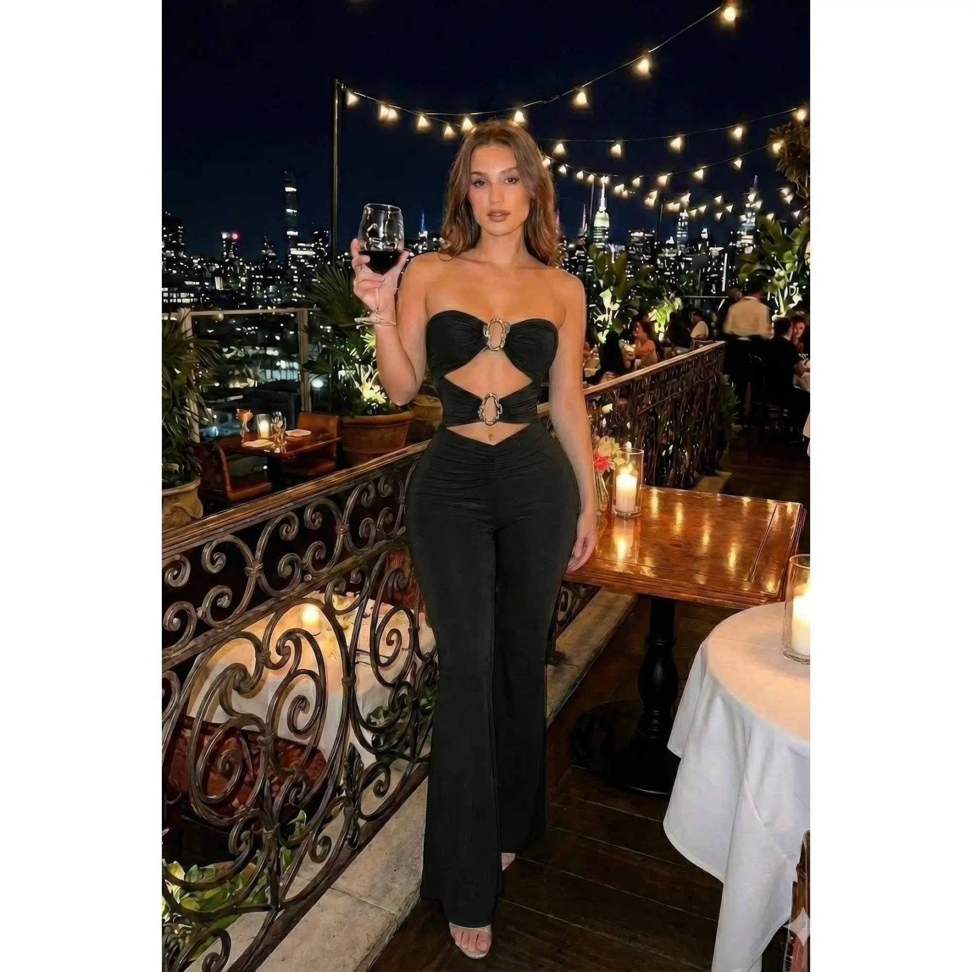 Women's Strapless Flared Leg Jumpsuit with Center Cutout, Ruched Bodice, and Buckle Waist in Stretch Polyester Spandex, Overalls, Sleeveless
