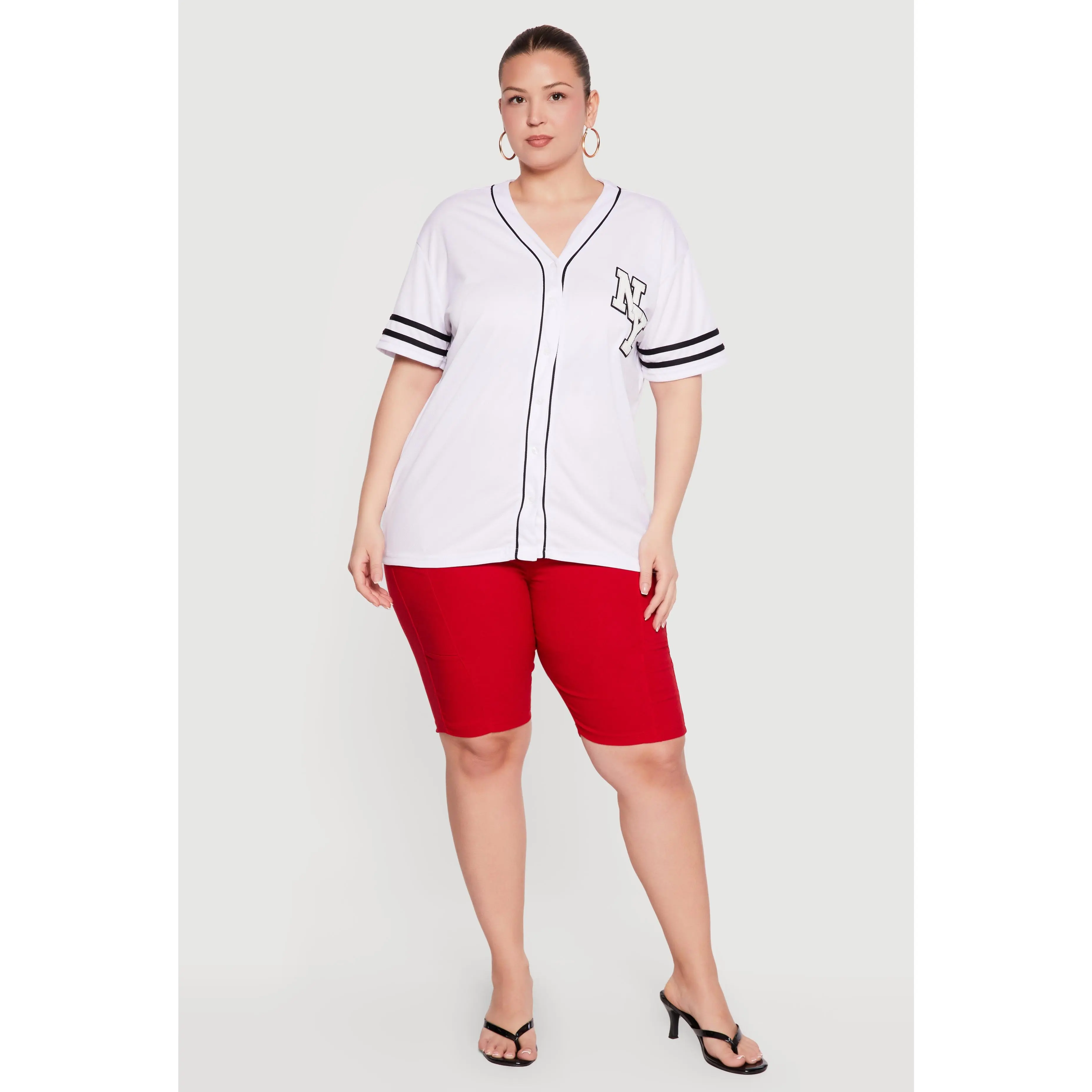 Plus Size Chenille NY Patch Graphic Varsity Stripe Baseball Jersey