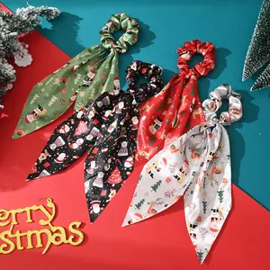 Christmas Hair Scarf Scrunchies, 4 Pack Satin Holiday Bow Scrunchies White Christmas Ribbon Hair Scrunchies with Bows Christmas Hair Ties Ponytail Holders Holiday Hair Accessories for Women