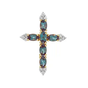 JTV Blue Lab Created Alexandrite 18K Yellow Gold Over Sterling Silver Cross Pendant 1.53ctw