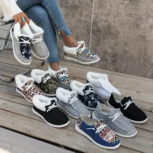 Women's Fluffy Fleece Lined Canvas Shoes, Thermal Slip On Low Top Shoes, Winter Warm Flat Shoes