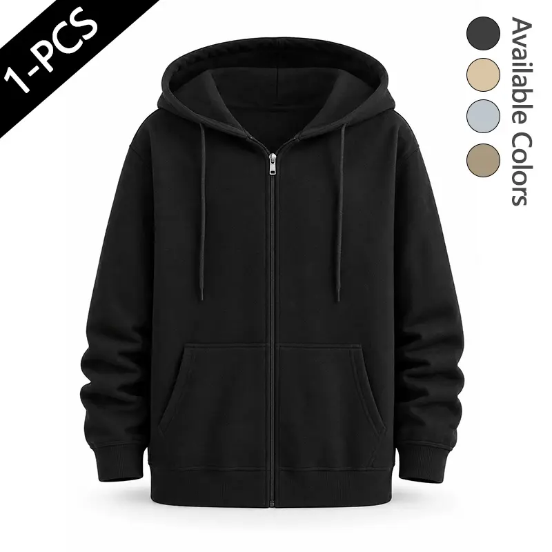 Men’s basic zip-up hooded sweatshirt jacket with drawstring hood and two kangaroo pockets; soft solid-color casual long-sleeve open-front outerwear suitable for spring and autumn.