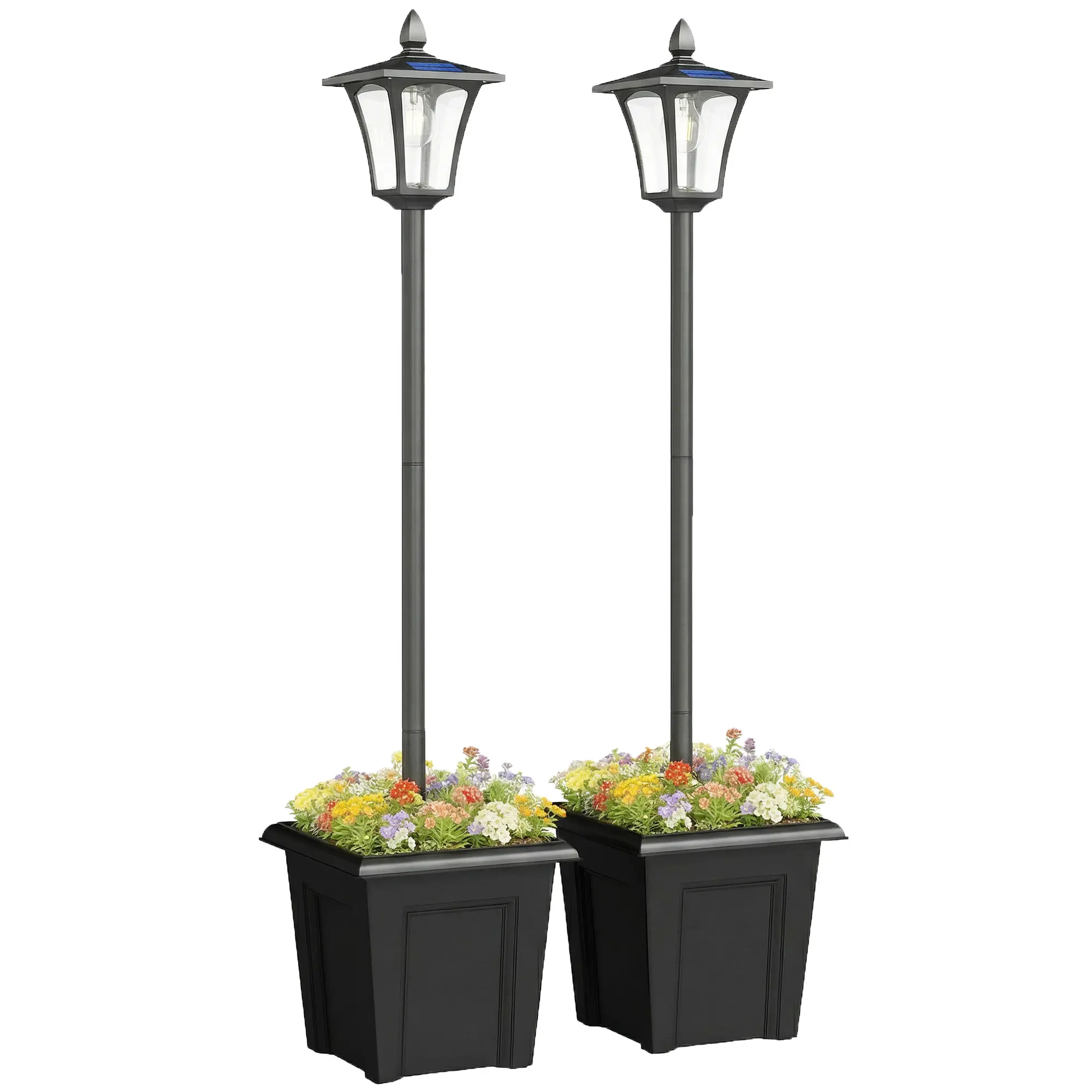 Outdoor Solar Post Lights Set of 2 with Large 13 Inch Square Planter Base Rust Proof Aluminum Pole Dusk to Dawn 50LM Warm Glow for Front Yard Backyard Landscaping