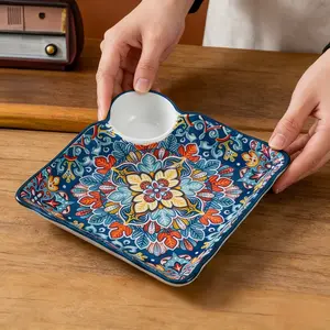 Floral Pattern Ceramic Plate, 1 Count Rectangular Sauce Dish with Handle, Serving Plate for Dumpling, Toast, Fries, Kitchen and Tableware, Ceramics Plate, Modern Ceramic Dinnerware