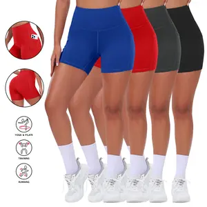 4 Packs Womens Biker Shorts with Pocket, High Waisted Tummy Control Spandex Yoga Workout Shorts