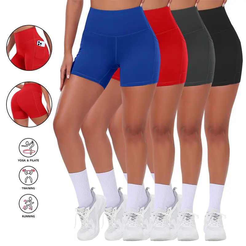 Women's 4-Pack High-Waisted Stretch-Fit Active Biker Shorts with Phone Pocket - Tummy Control, Above the Knee Gym Skinny Shorts for Yoga, Running, Stretch-Fit Shorts