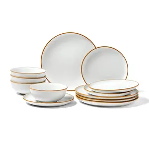 VEVOR Aesthetic Tableware Set, 12 PCS Dining Plate Set for 4, Scratch-Resistant Ceramic Round Plates & Bowls, Dishwasher & Microwave Safe Kitchen Dishes for Dessert, Salad