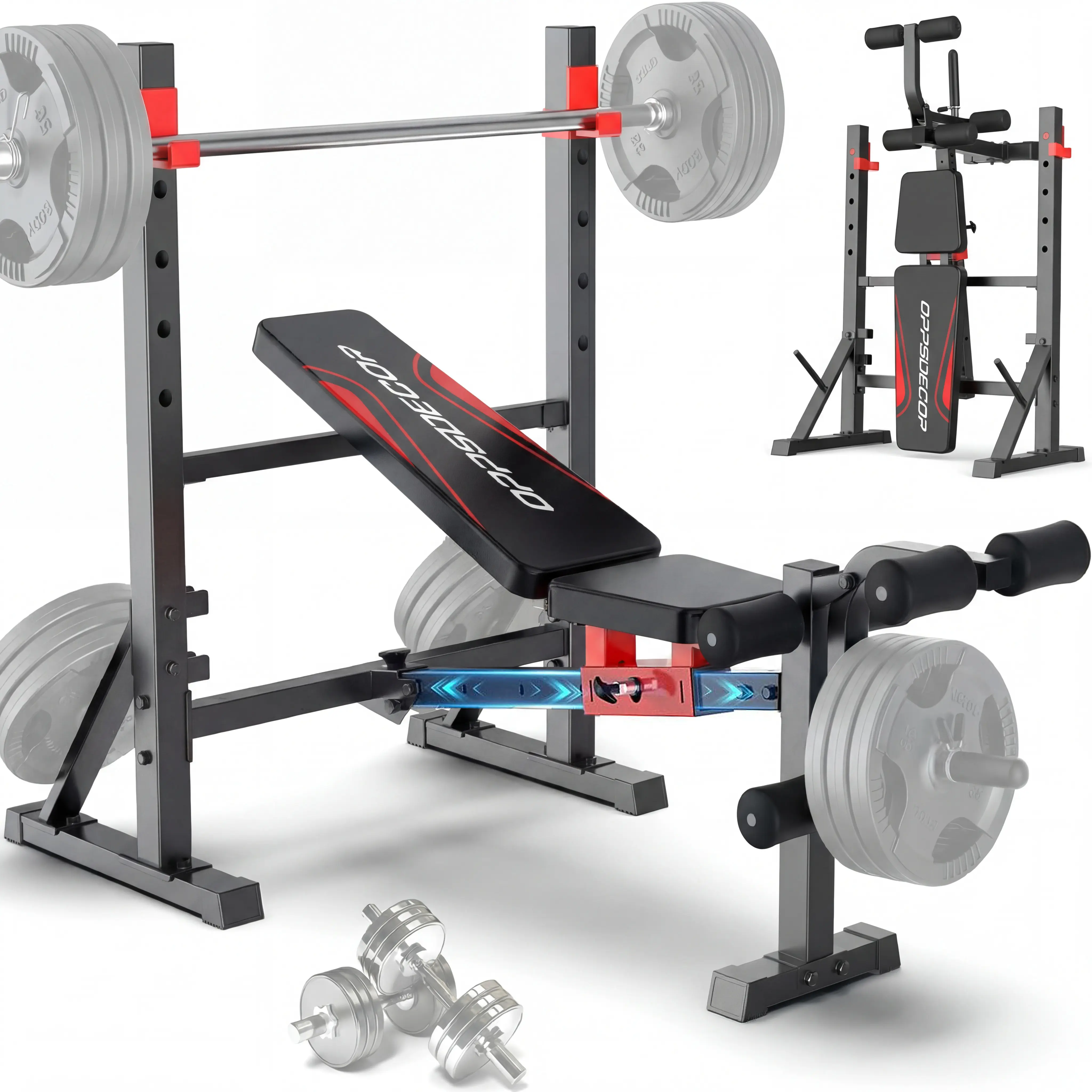 OPPSDECOR Home Gym Adjustable Weight Bench Set - Fast Folding Strength Training Benches Workout Station with Squat Rack, Leg Extension, Leg Curl, Adjustable Back/Seat/Barbell Rack, Flat Incline Decline Positions for Press Training,SummerWins, Incline Adju