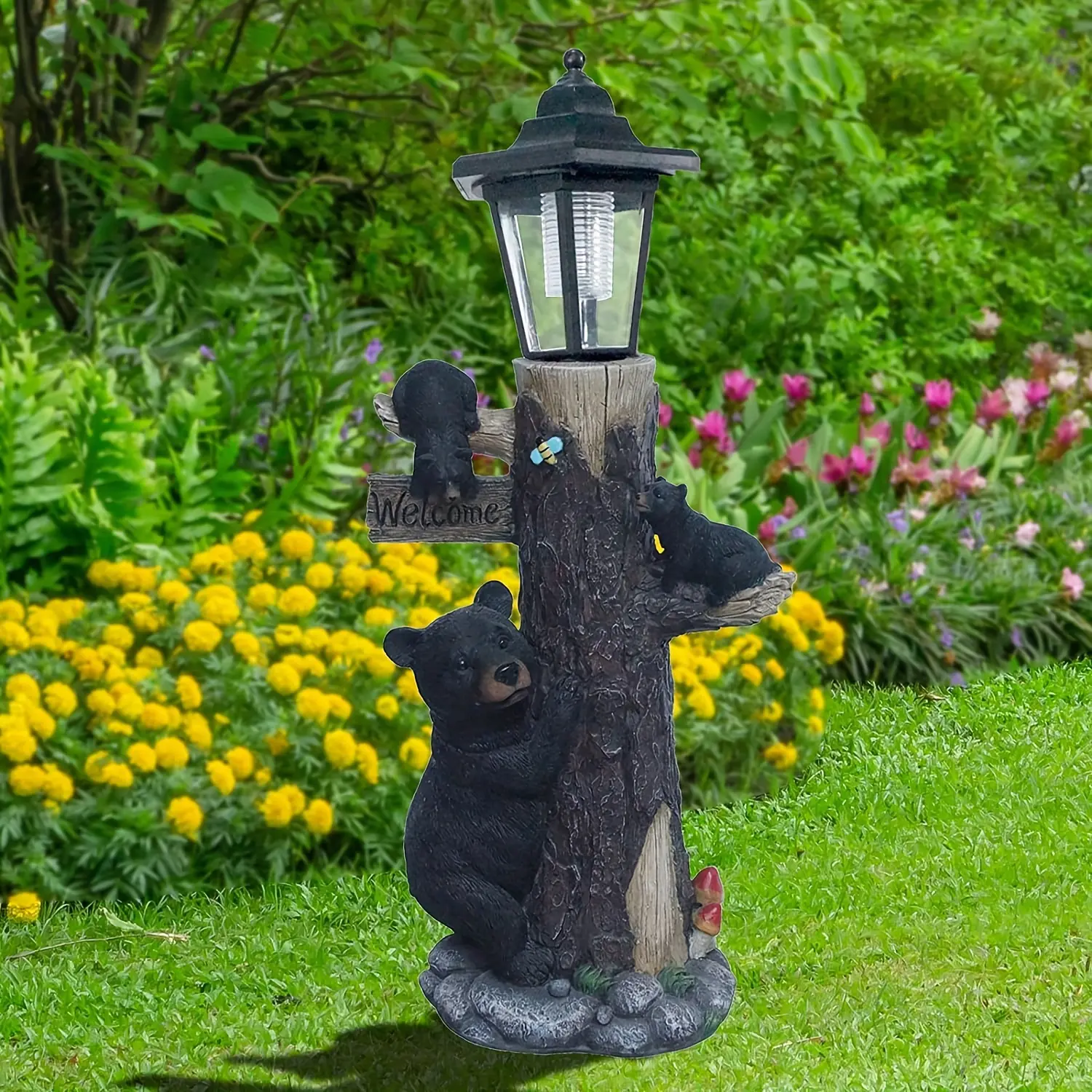 1pc Bear Statue Welcome Sign Garden Statue With Solar Lights, 19 Inches Resin Bear Family On The Tree, Outdoor Bear Décor For Yard, Garden, Lawn, Patio, Black And Brown Animal Statue