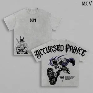 Loki Accursed Prince Washed Tee – One Piece Elbaf Giant Prince Norse Myth Anime Manga Graphic Double Printed T-Shirt, Menswear Heavy Cotton Unisex Oversize Streetwear Vintage Retro