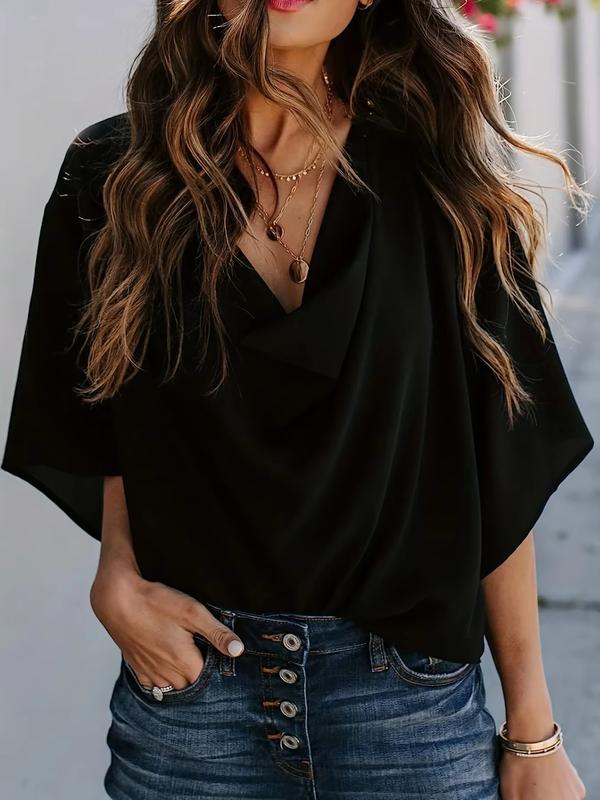 MINHKHUE Women's Casual Loose Fit Black Blouse Top - Short Sleeve Draped V Neck Summer Shirt, Elegant Chic Solid Color Tunic for Work, Daily, Party, Streetwear, Stylish Trendy Outfit with Jeans or Skirts