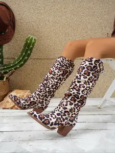 Women's Fashion Leopard Print Boots, Fall Winter New Chunky Heel Vintage Short Tall Boots, Sexy Plain Design, Textile Material