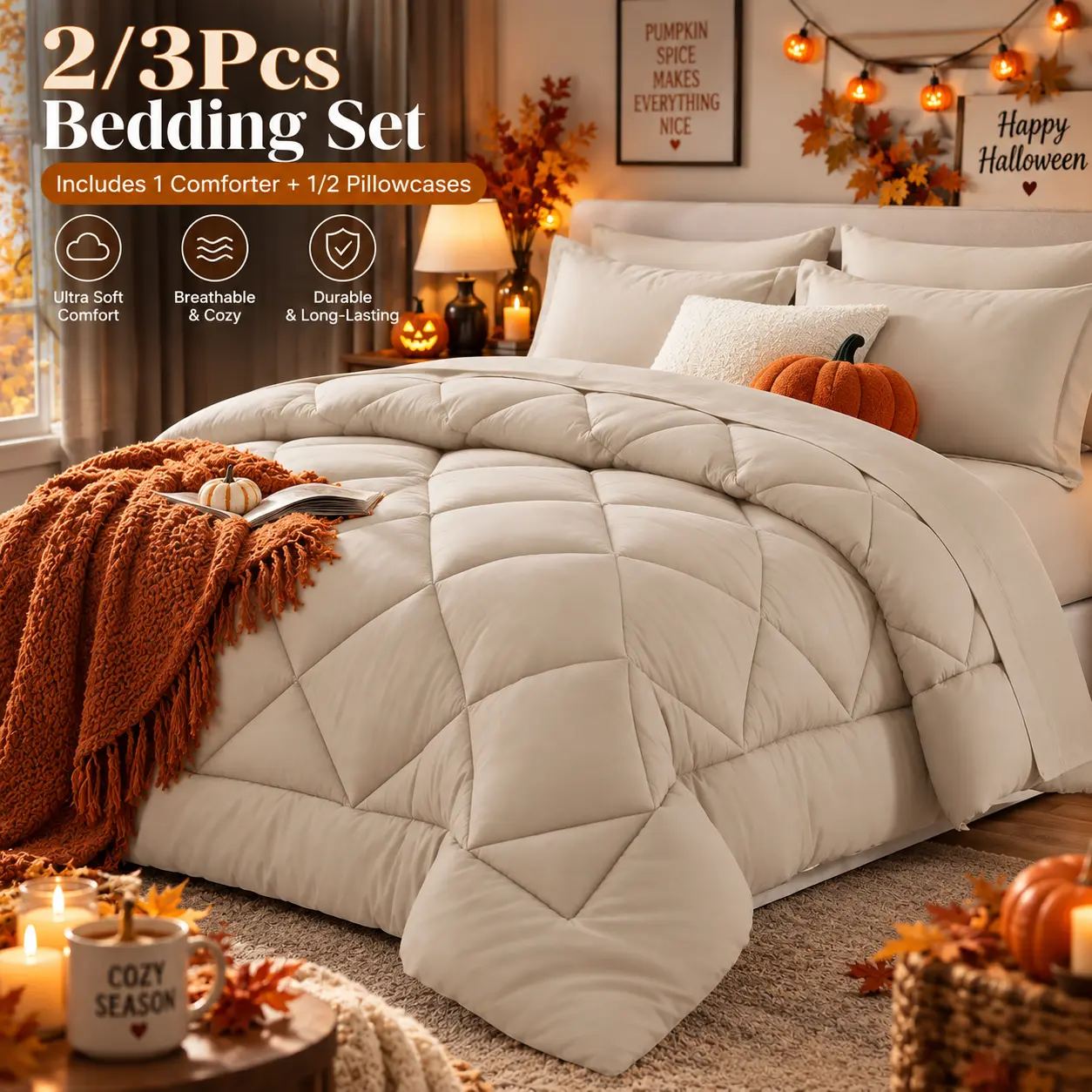 2-3 Piece Comforter Set, Soft Breathable Lightweight All-Season Bedding Set with 1-2 Pillowcases, Machine Washable, Twin Queen King Sizes, Gray Beige Turquoise Colors, Bedroom Decor, Halloween Gift
