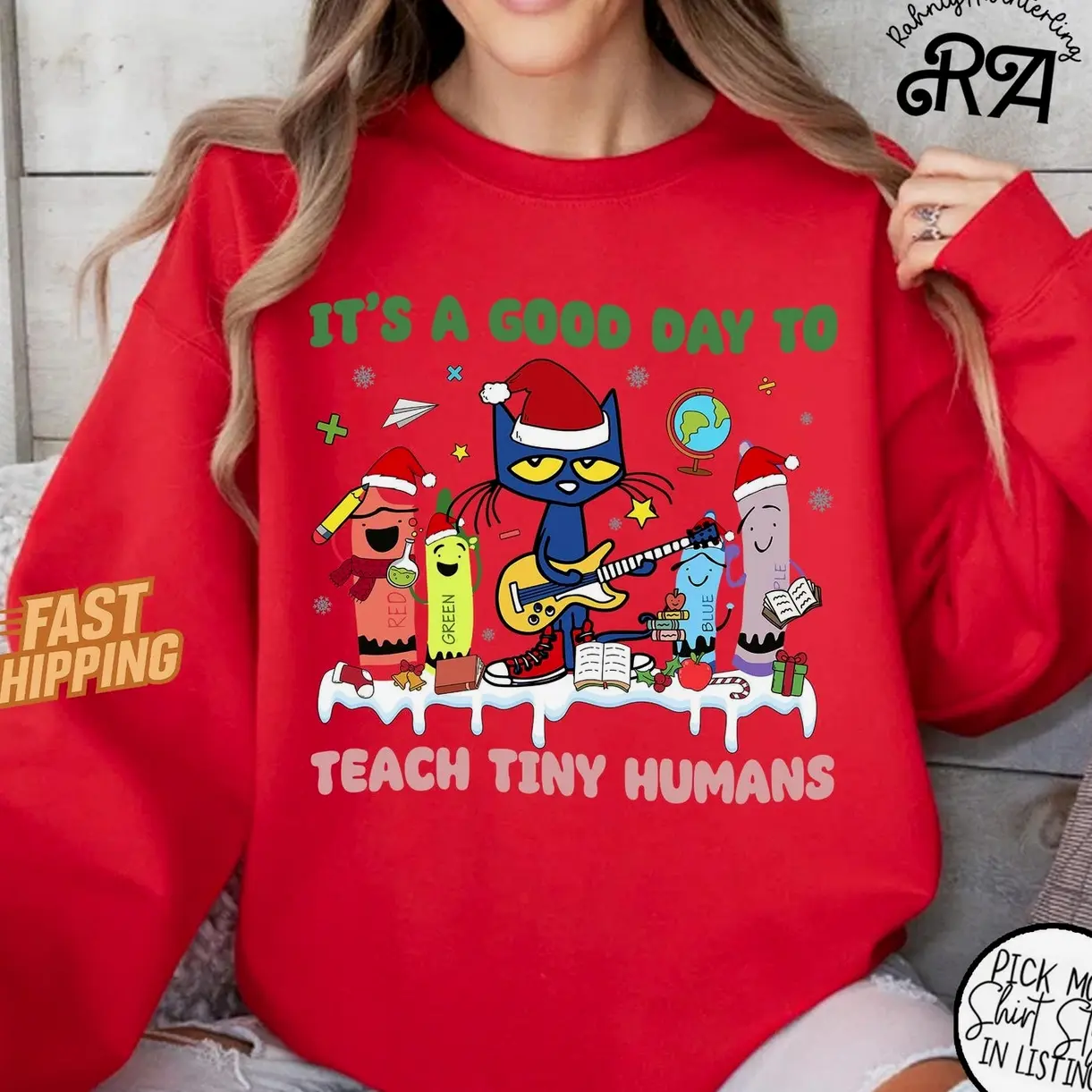 Pete the Cat Teacher Christmas Sweatshirt, It’s A Good Day To Teach Tiny Humans Pullover, Funny Holiday School Gift Shirt C