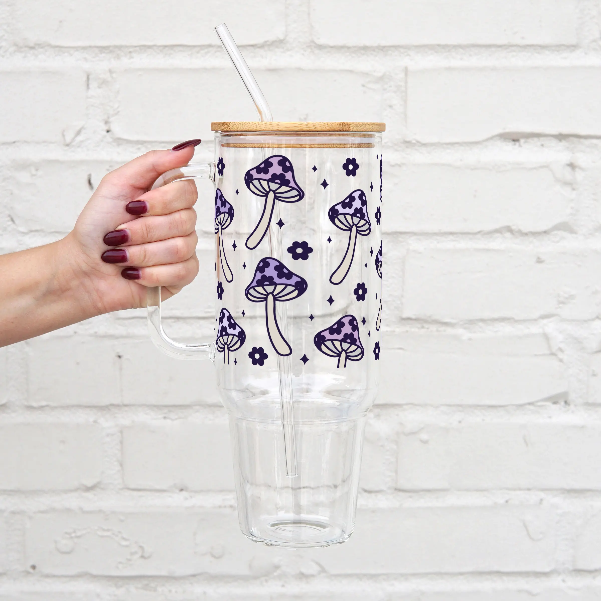 Retro Floral Boho Mushroom 40oz Glass Tumbler with Lid and Straw, Iced Coffee Drinkware, Gift for Her, Acrylic Tumbler, water bottle for women, floral tumbler, Bottled, Mug, Insulated Water Bottle