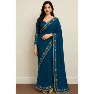 Elegant Blue Georgette Pre-Pleated Saree with Embroidered Blouse