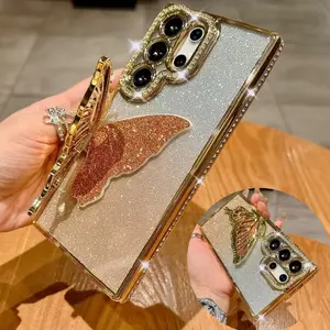 Fold Butterfly Stand Holder Case For Samsung A56 A55 A54 A36 Bling Rhinestone Cover For Samsung S25 S24 FE S23 S22 Glitter Case