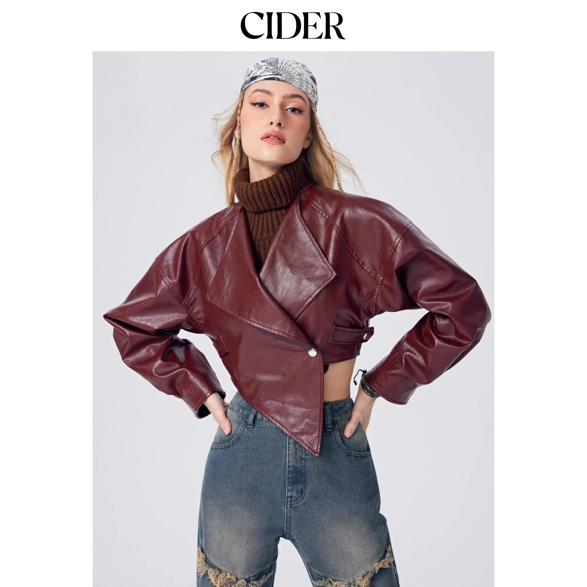 Cider [size 2-10] Solid Faux Leather Button Up Asymmetrical Crop Jacket
