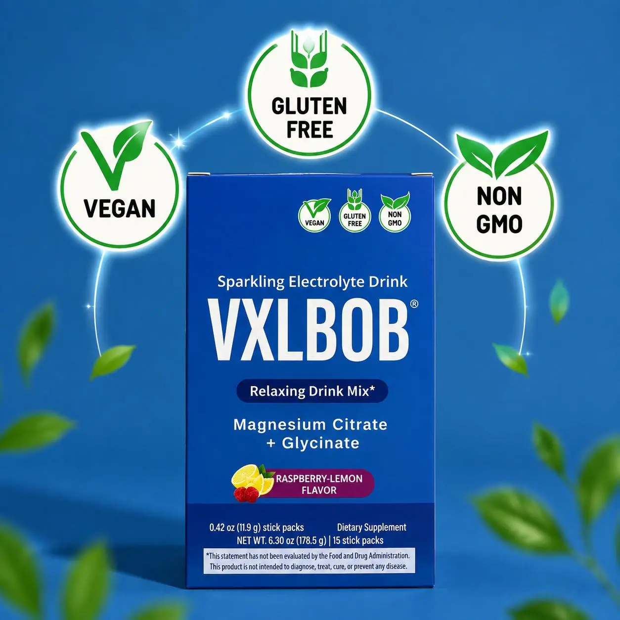 VXLBOB Hydration Powder Mix Drink Packets - Magnesium Citrate & Glycine Magnesium Blend Edible Supplement, Raspberry Lemon Flavor, 15 Single Servings for Hydration Boost, Edible Supplements Blended Supplement Daily Supplement