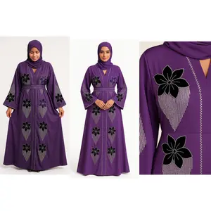 Dubai Abaya Elegance Purple with Black Floral Embroidery Soft Silky Scarf & Matching Belt Hand Wash Only Cultural Fashion Ensemble