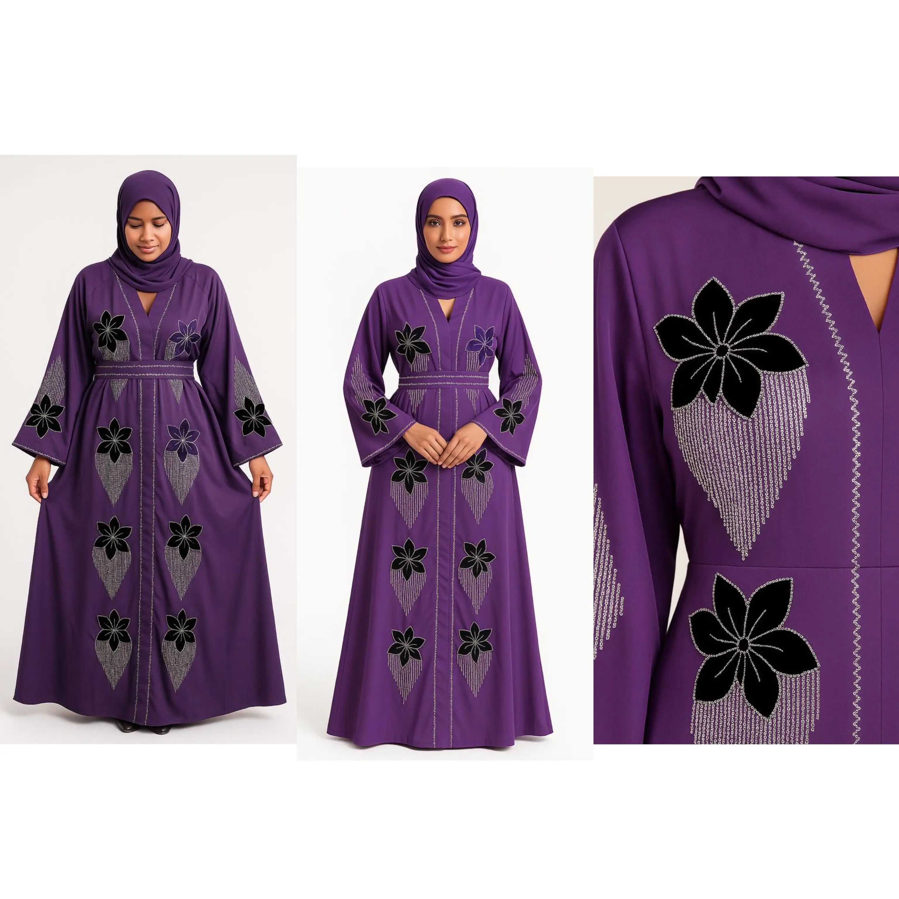 Dubai Abaya Elegance Purple with Black Floral Embroidery Soft Silky Scarf & Matching Belt Hand Wash Only Cultural Fashion Ensemble