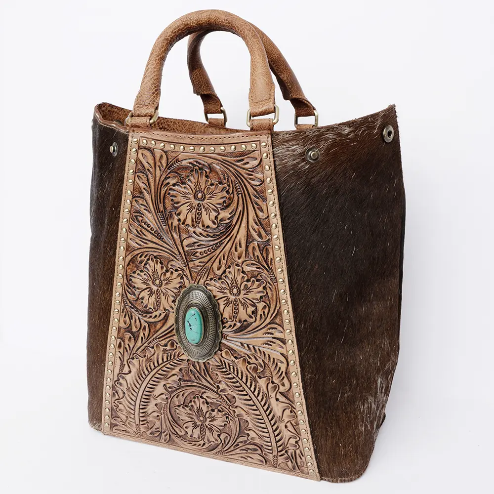 American Darling Tote Bag, Hand-Tooled Floral Western Leather Purse with Turquoise Stone, 12in (H) X 6.5in (W) X 12in (D)