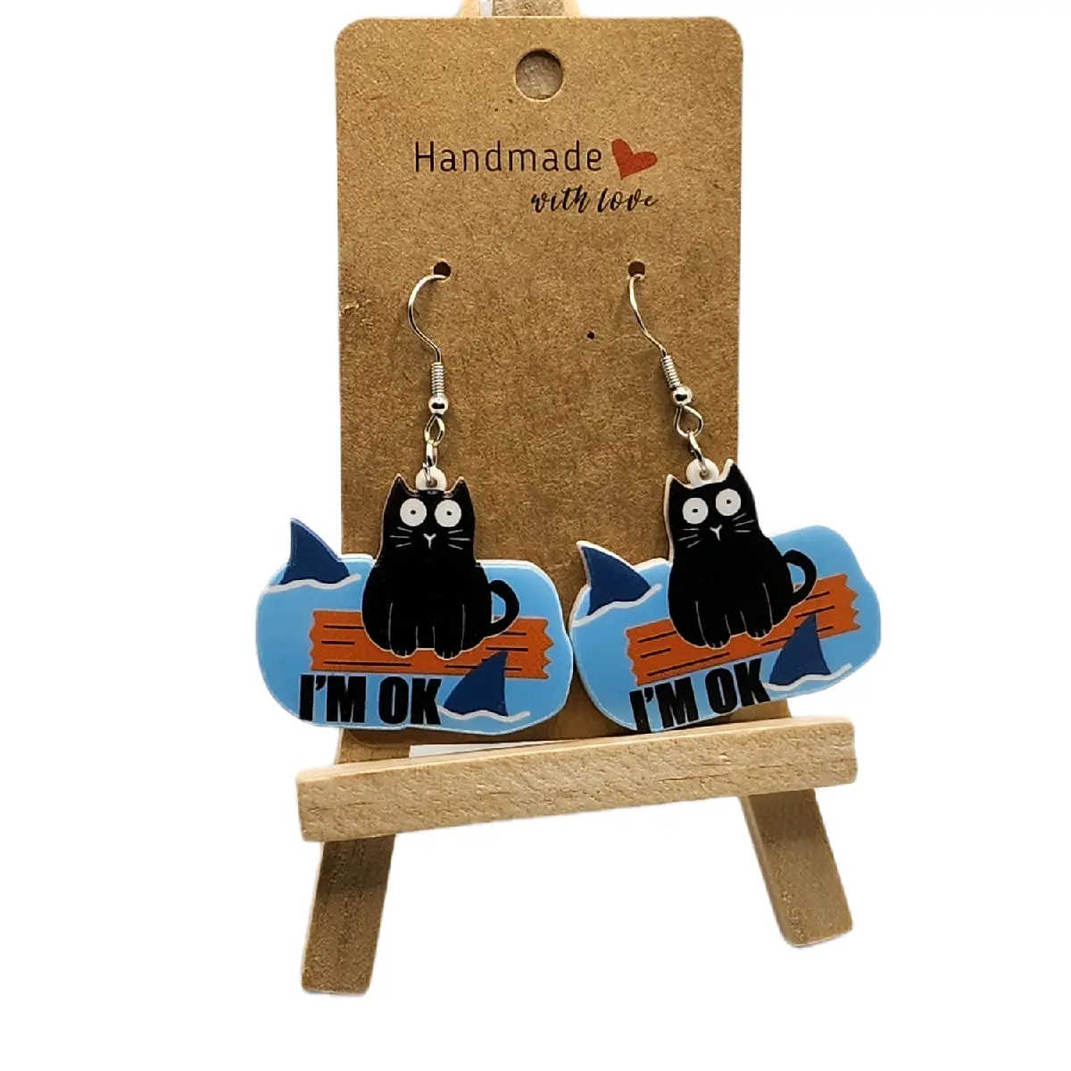 Novelty Fun Cat and Shark "I'm Ok" Earrings with Hypoallergenic Hooks Unisex Jewelry for Positive Confidence
