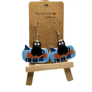 Novelty Fun Cat and Shark "I'm Ok" Earrings with Hypoallergenic Hooks Unisex Jewelry for Positive Confidence