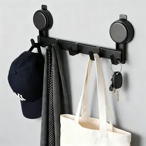 Multi Pack Available 5 Hook Black Suction Cup Wall Rack - No Drill Damage Free Reusable Adjustable Heavy Duty Home Organizer for Multi-Room Storage, Bathroom, Entryway, Kitchen