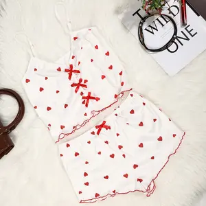 Women's Lady Short-Sleeve Lingerie Pajama Set  - White Base with Red Hearts, Slim-Fit Top and Pants, Bow Detail Nightwear