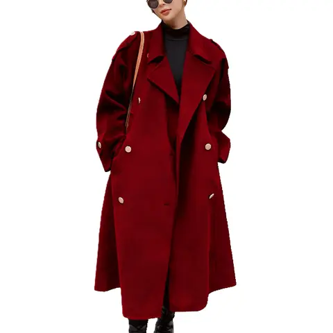 Ebossy Women's Winter Double-Breasted Midi Wool Pea Coat - Women's Clothing, Jackets, Notch Lapel, Thermal Lined, Long Sleeve, Loose Fit, Buttoned Cuff, Solid Buttons, Cozy Classical Outerwear, Work Office-Ready, Handbag-Compatible, Keep Warm Plain Style