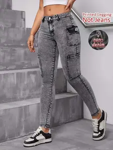 Fashionable Printed Skinny Leggings, Non-Denim Fabric, Tight-Fitting Casual Pants, Imitation Jeans Full Print, Comfortable Riding Pants, Womenswear Streetwear Lady Bottom