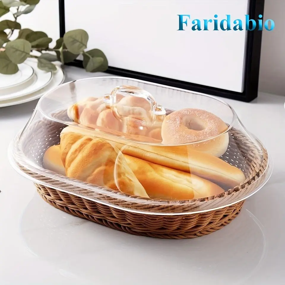 Faridabio Vintage Rattan Wicker Plastic Bakeware Bread Basket with Lid - Durable, Washable Kitchen Utensils Food Tray - Storage for Fruits, Pastries (Picnic-Ready), Synthetic