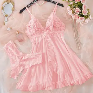 Pink Sweet Nightgown Female Elegant Sleep Dress V-neck Bra Transparent Milk Silk Underwear Women's Pajamas With Panties Set