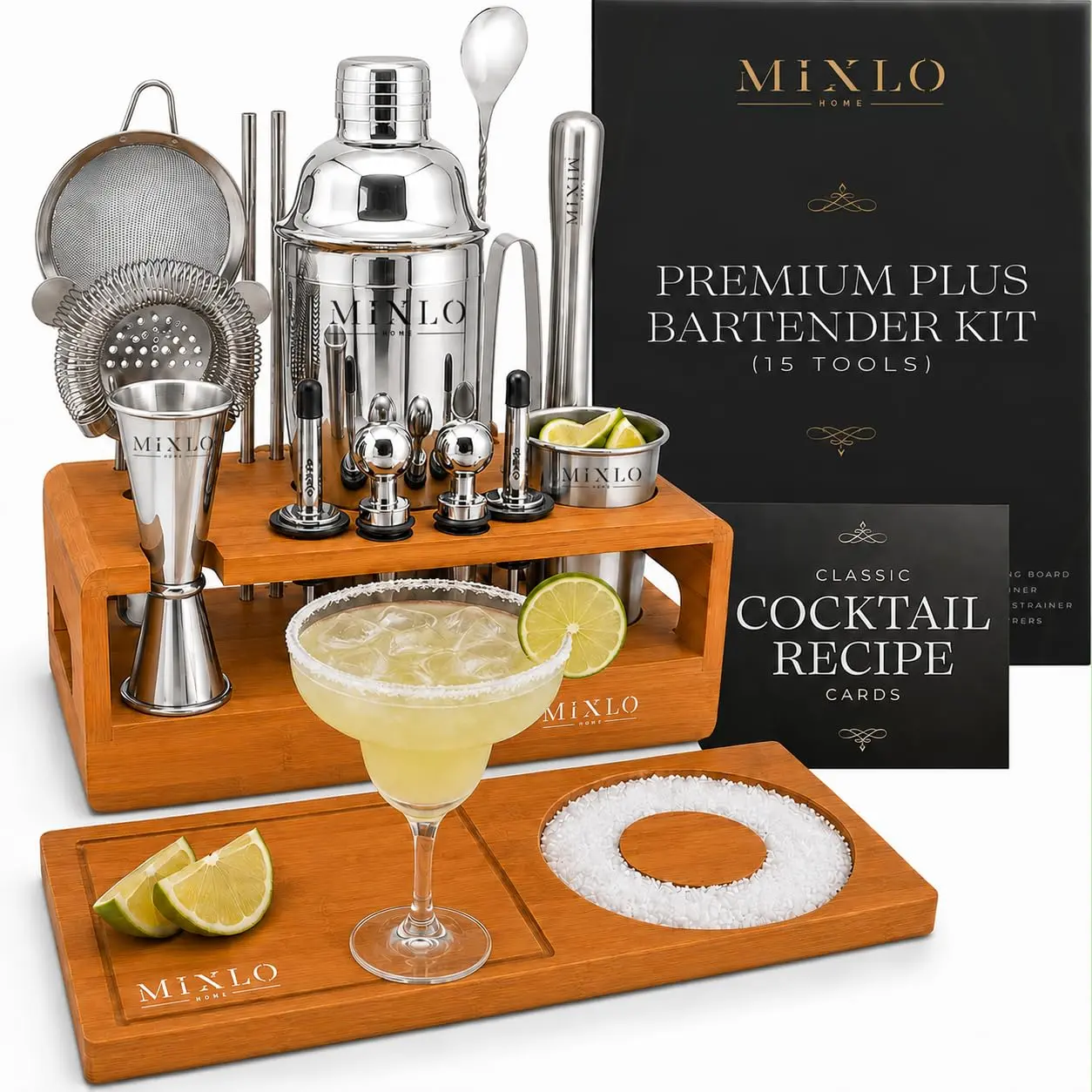 MIXLO HOME Mixology Bartender Kit - Premium Plus 15 Brown Stand - Silver Tools with Cobbler Shaker