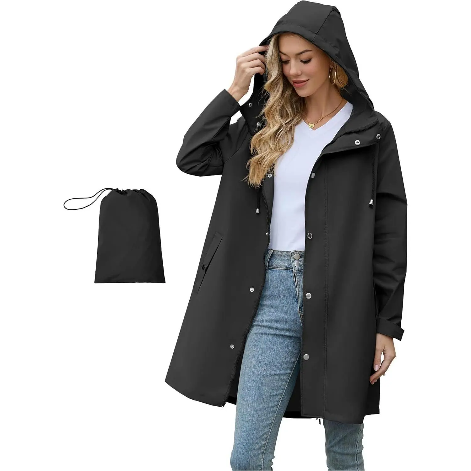 Packable Waterproof Rain Jacket For Women with Hood, Windbreaker, Long Hooded Trench Coat S-2XL Available