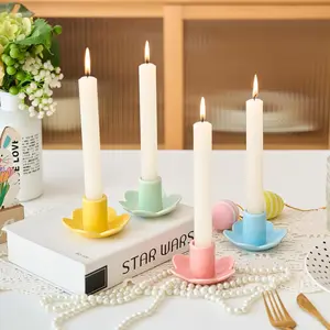 Colorful Ceramic Candlestick Holders Set of 4, Cute Easter Taper Candle Holders Chic Flower Shaped Table Centerpiece for Wedding Festive Spring Party or  Decor (Flower Style)