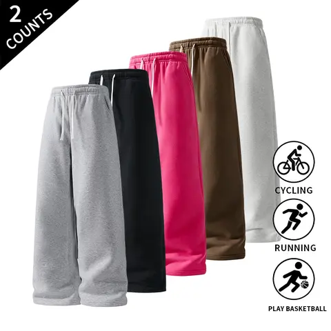 Men's 2-Pack Baggy Polyester Sweatpants - Menswear Plain Streetwear Clothing, Mid-Waist Elastic Waist Drawstring Casual Bottoms, Loose Fit Black & Light Gray Trousers