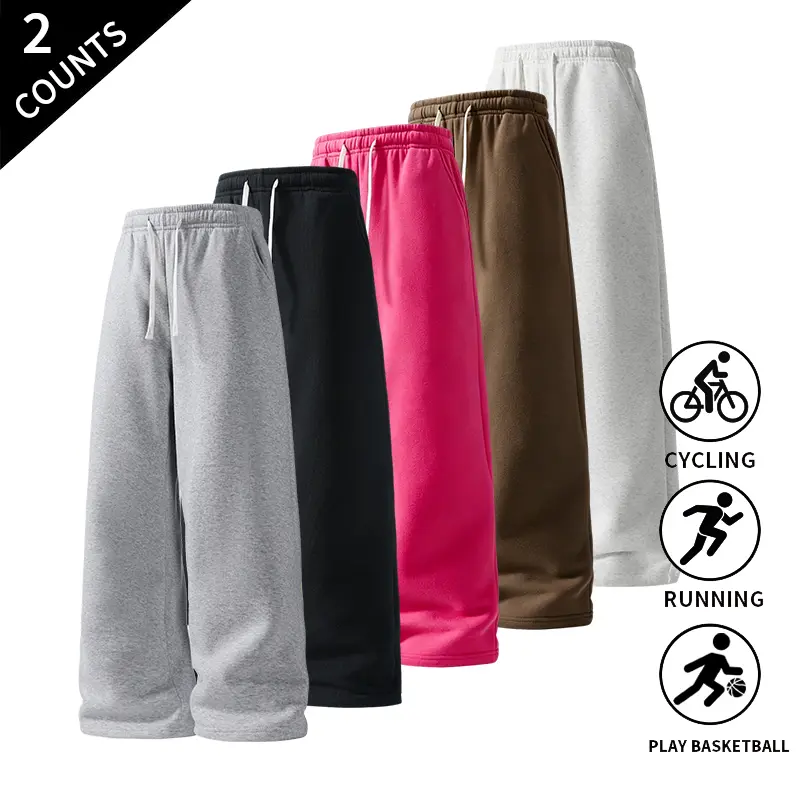 Men's 2-Pack Baggy Polyester Sweatpants - Menswear Plain Streetwear Clothing, Mid-Waist Elastic Waist Drawstring Casual Bottoms, Loose Fit Black & Light Gray Trousers