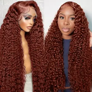 LALULA   Reddish Brown Curly Wave Lace Front Wigs Human Hair Pre Plucked with Baby Hair Glueless 13x6 Hd Transparent Lace Front Wigs Human Hair Auburn Wig 200 Density 30inch