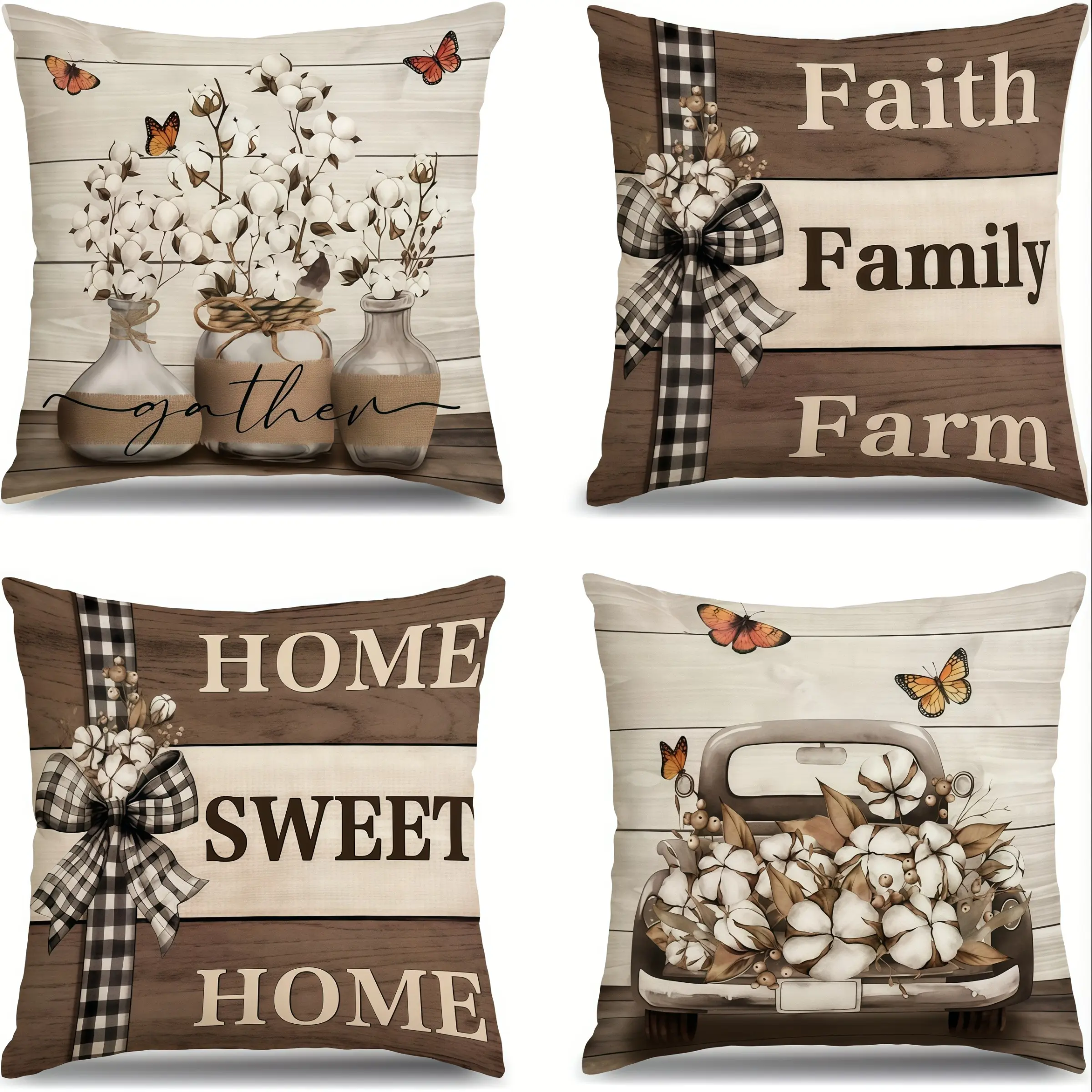 4pcs-Brown Themed Throw Pillow Covers, Decorative, Home Sweet Home in Brown, Featuring Truck Stripe Pattern, for Mother'S Day Gifts, Versatile Use, Suitable for Home Decoration, Bedroom, Living Room, 2D Flat, Single Sided Printing, No Pillow Core