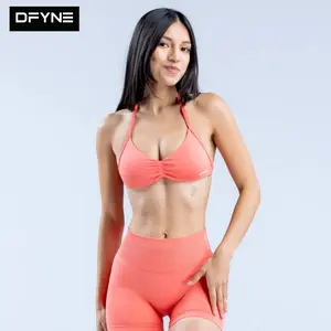 DFYNE Seamless Halter Triangle Sports Bra & Shorts Set| Padded Ruched Plunge Top with High Waisted Tummy Control Biker Shorts 2-Piece Outfit
